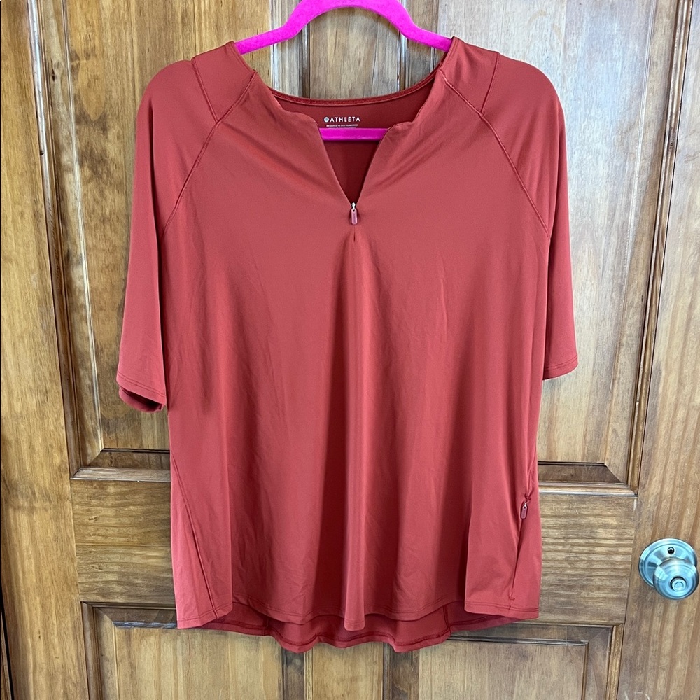 Athleta Rust Red Short Sleeve Zip-Front Active Tee